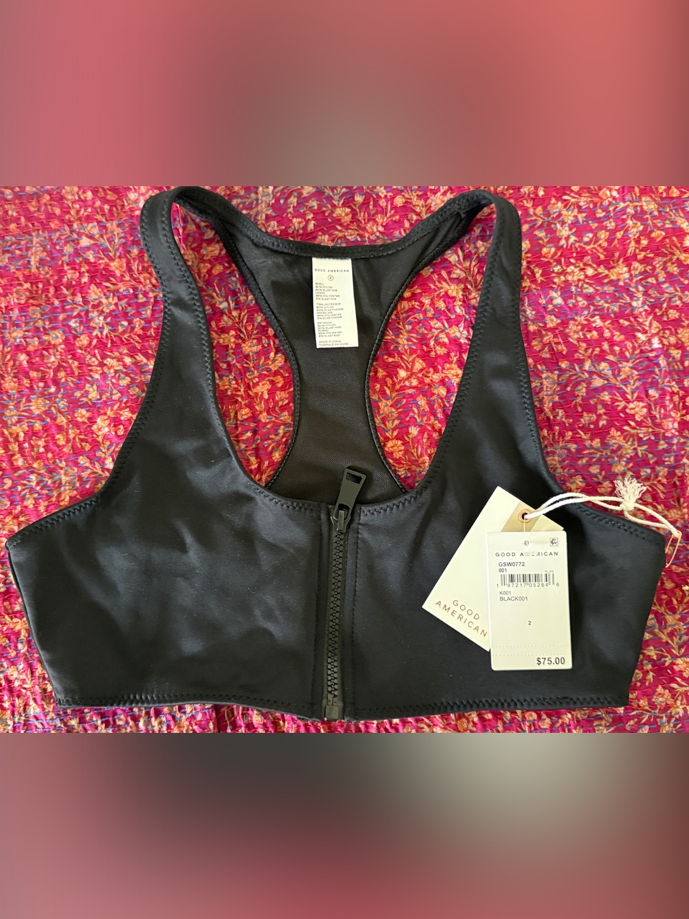 Good American Black Front-Zip Sports Bra